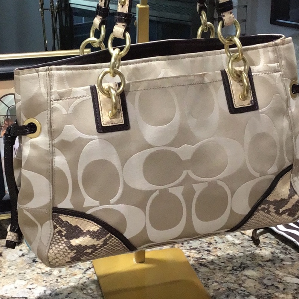 Coach Collette Signature Sateen Satchel Handbag Faux Snakeskin - Picture 7 of 16